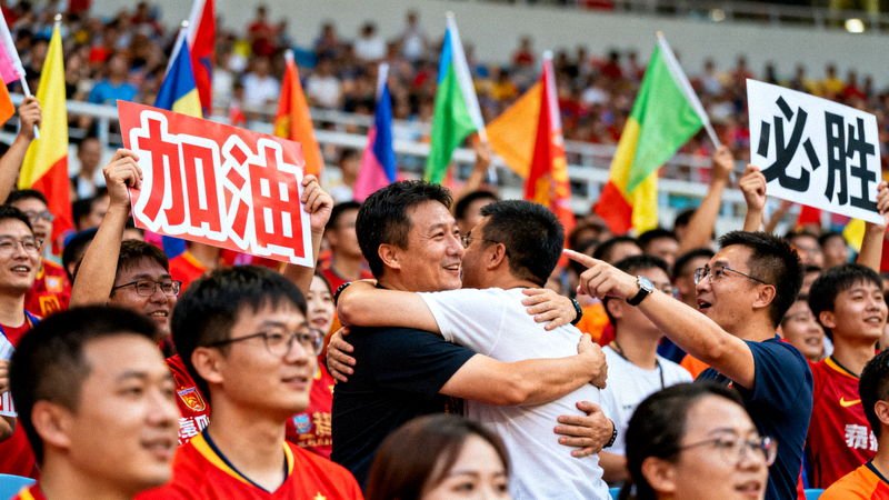 球迷在看台上为球队助威并交流比赛看法的现场画面
