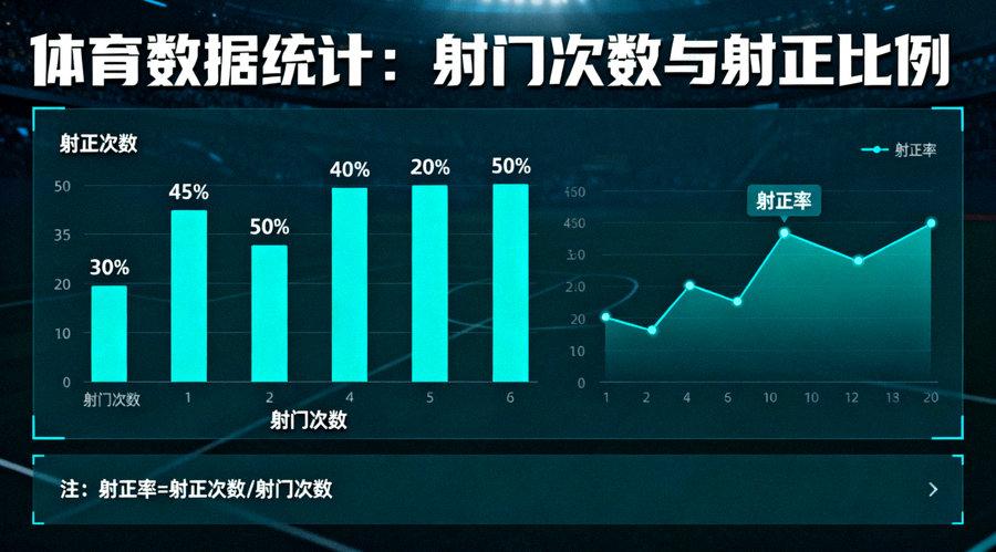 体育数据分析面板中展示射门次数与射正比例的可视化统计界面